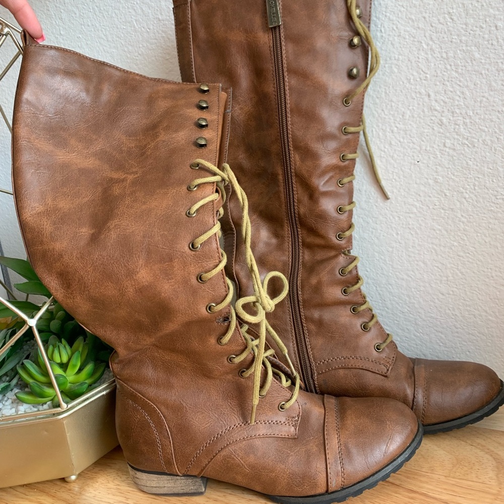 Tall brown combat boots